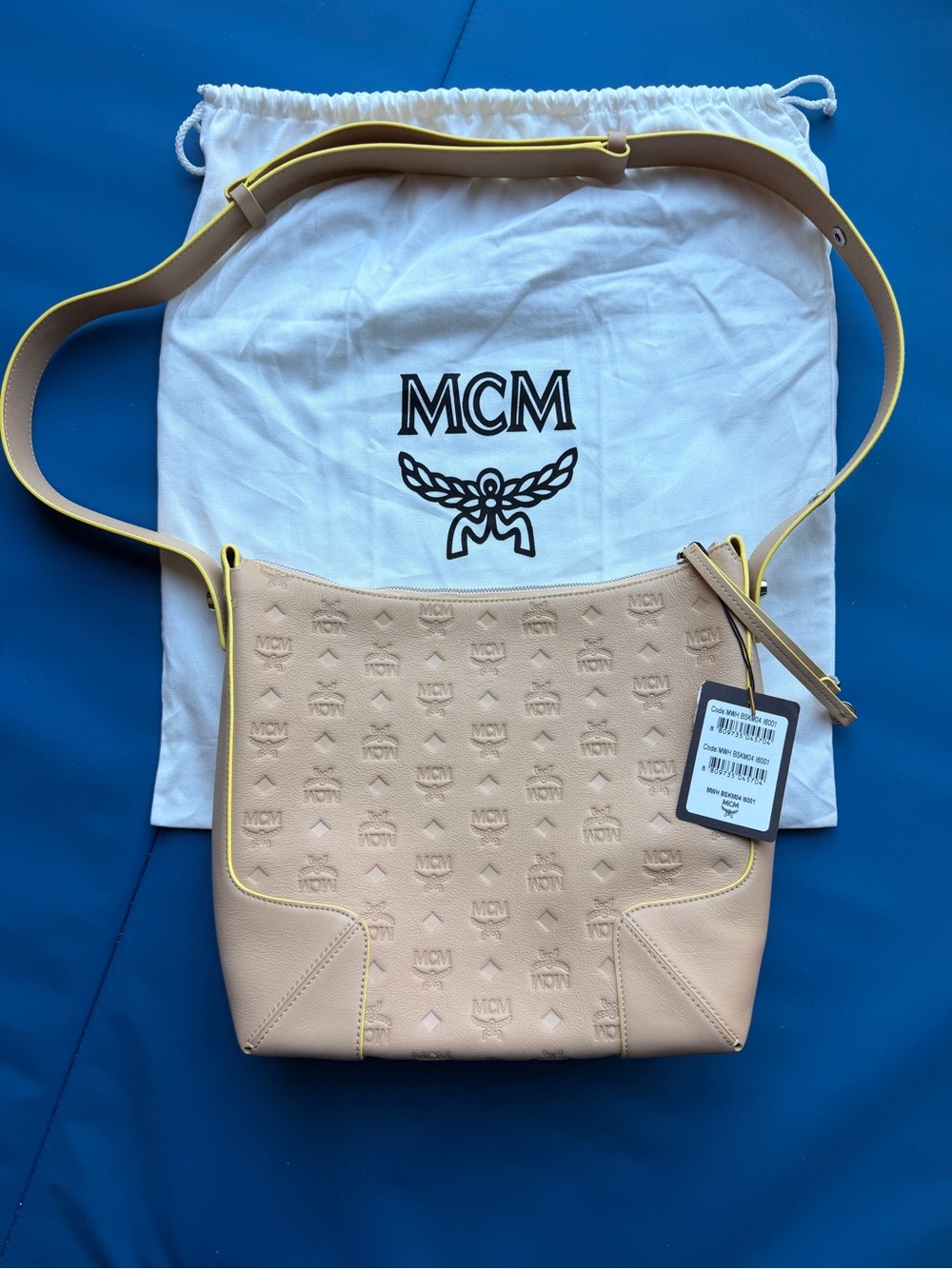 MCM Medium Klara Monogram Leather Hobo Bag Beige Yellow NWT